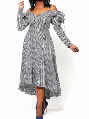 Ina Black and White Gingham High-Low Off-Shoulder Midi Dress